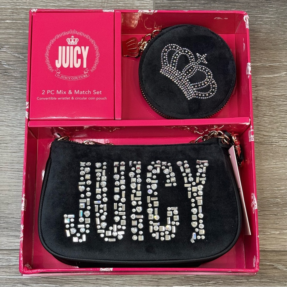 Juicy Couture Black Rhinestone Logo convertible wristlet with Crown Coin Pouch
